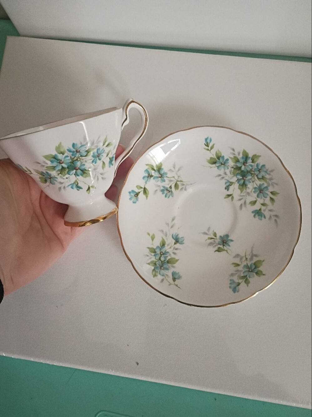 Royal York White and Blue Floral Teacup and Saucer Set with Gold Trim